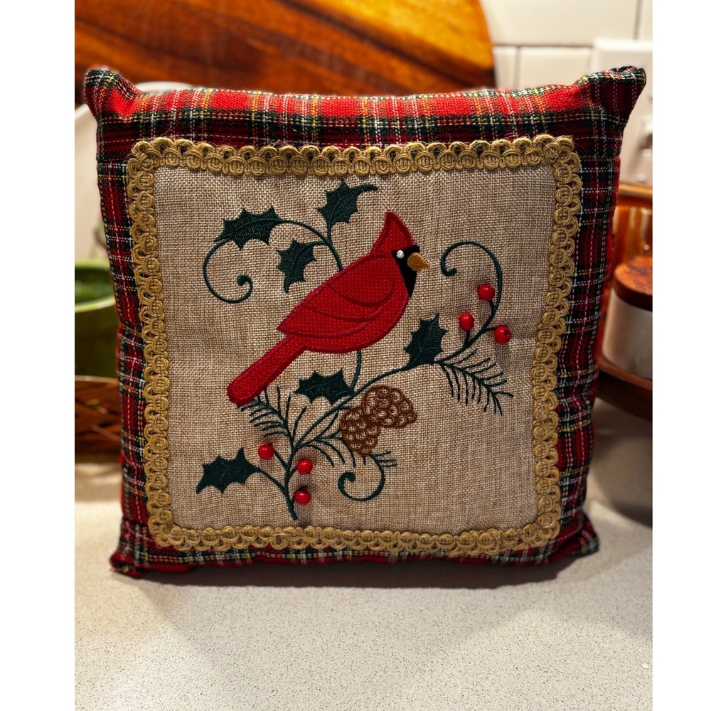 Christmas Cardinal Plaid Throw Pillow Embroidered Burlap Holly Berry Decor 8.5in